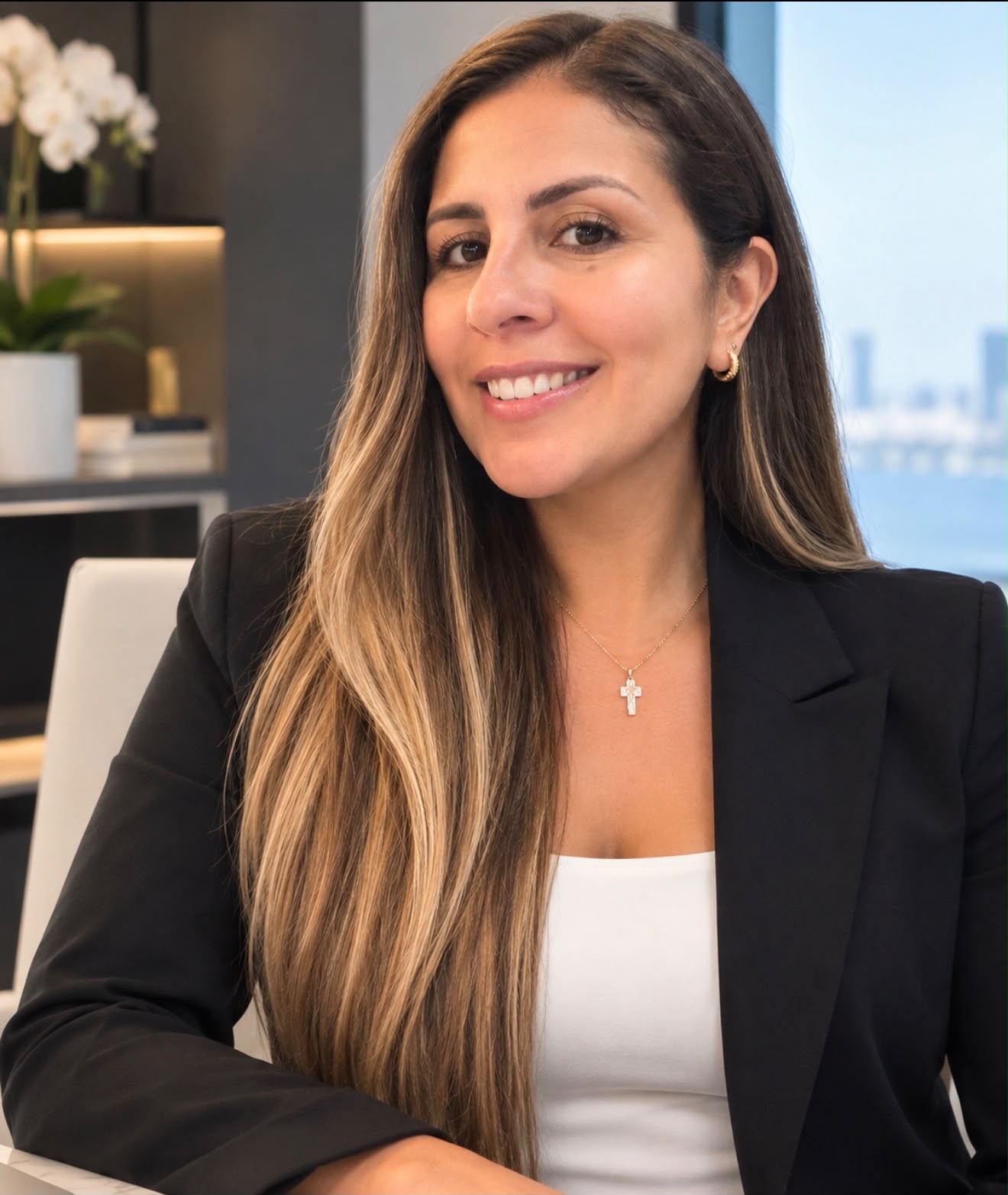 Daniana, agente de bienes raíces residencial y comercial en Miami, sonriendo frente al skyline de la ciudad