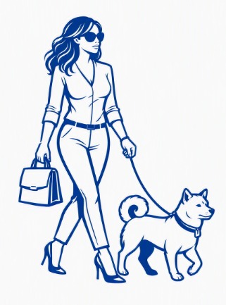 Ilustración de una agente inmobiliaria caminando con su perro